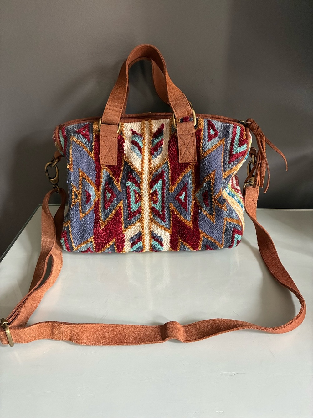 Southwestern Hippie Bohemian Tapestry textured Crossbody Bag with Top Handles